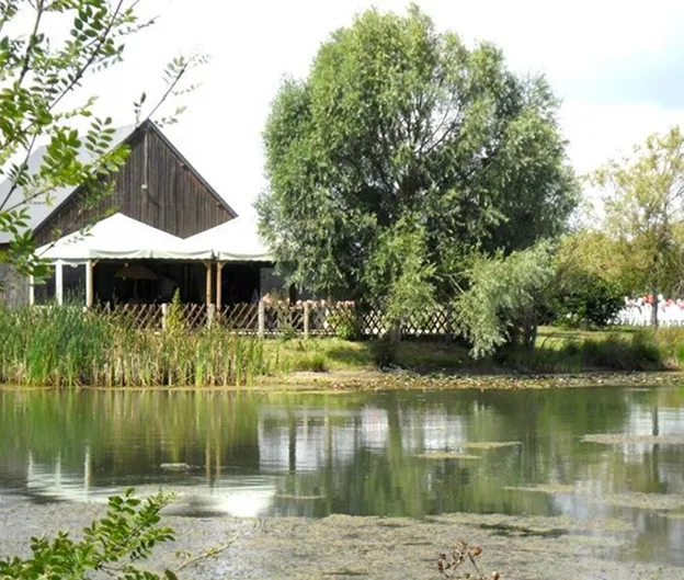 Un bâtiment en bois avec une terrasse couverte au bord d'un étang verdoyant à Autrèche près de Tours et d'Amboise en Indre-et-Loire 37